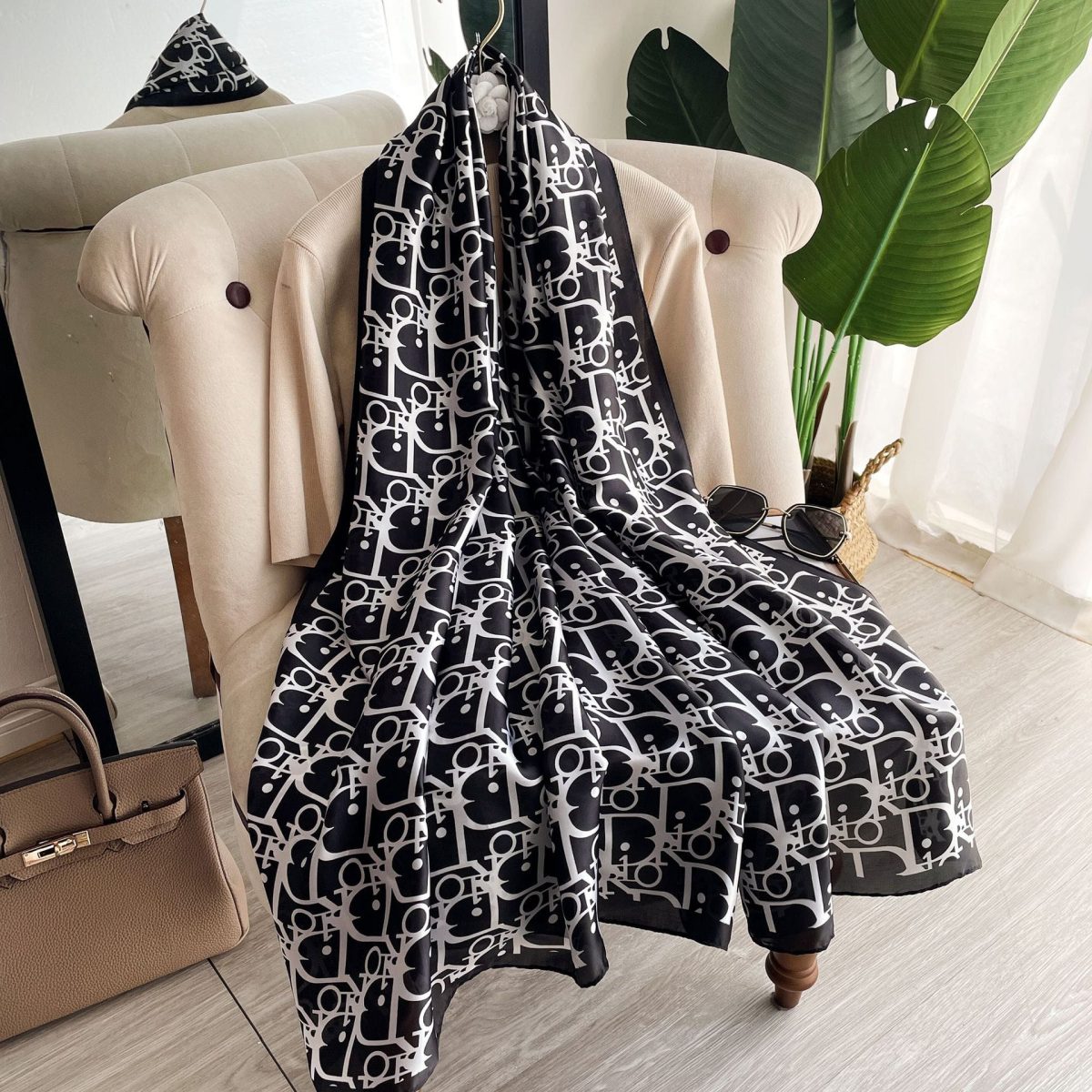 Exclusive Raisin Black Printed Silk Scarf - styled on model