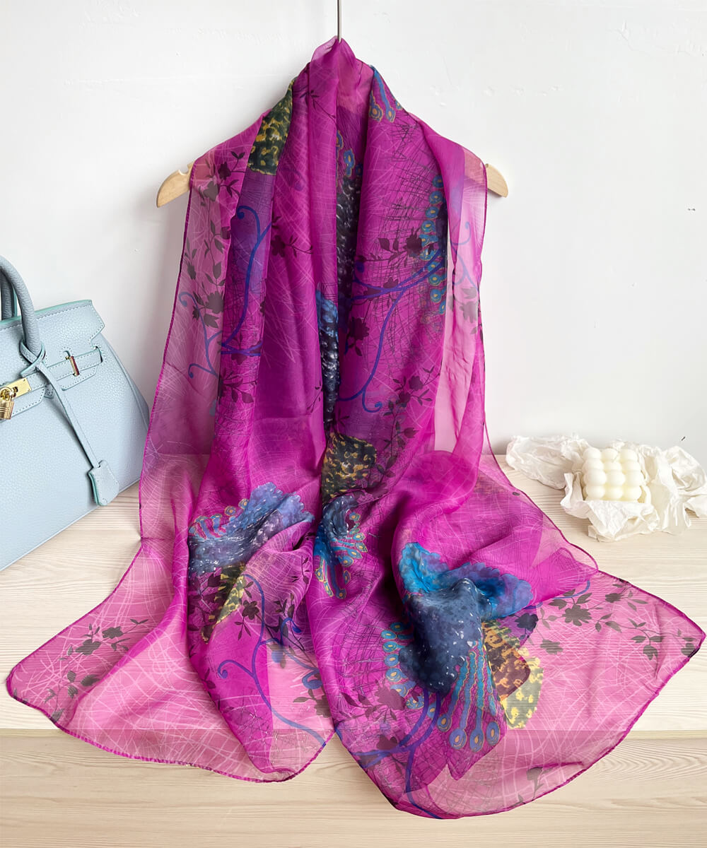 Premium Raspberry Pink Printed Chiffon Scarf - fabric close-up