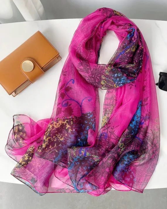 Premium Raspberry Pink Printed Chiffon Scarf - Drape Pakistan