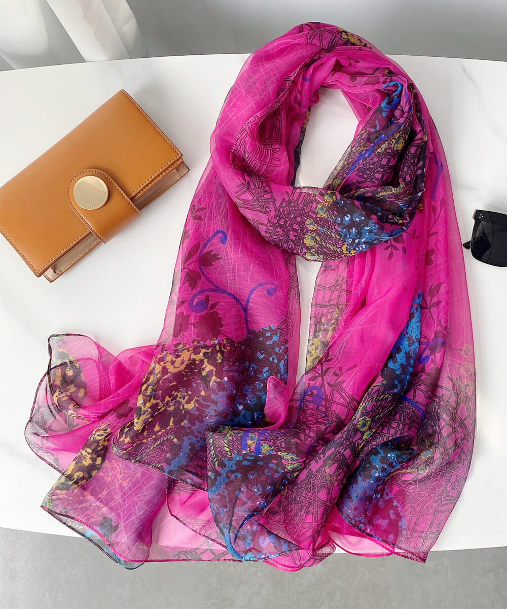Premium Raspberry Pink Printed Chiffon Scarf - Drape Pakistan
