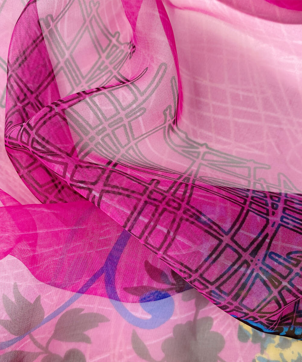Premium Raspberry Pink Printed Chiffon Scarf - styled on model