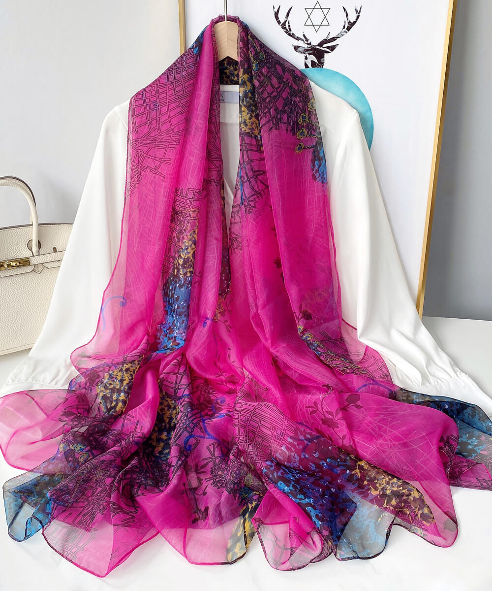 Premium Raspberry Pink Printed Chiffon Scarf - folded detail