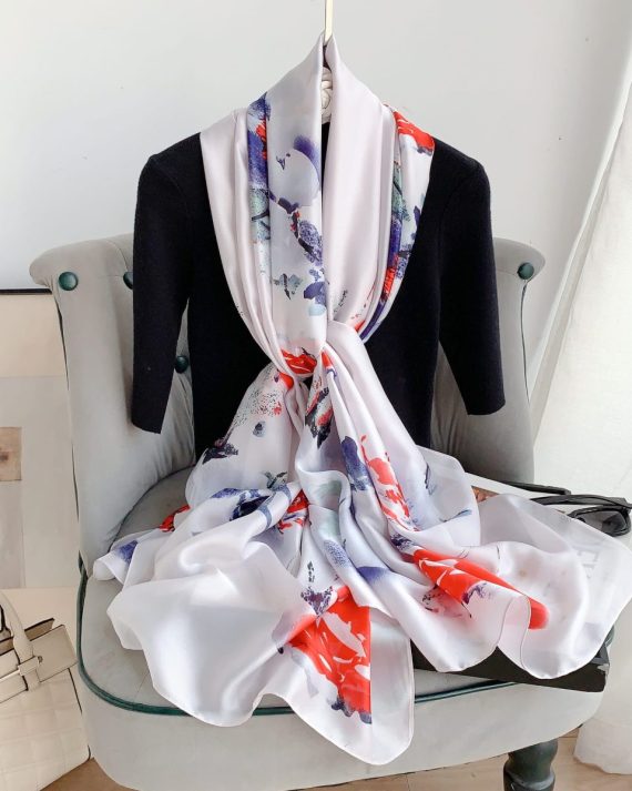 Luxury Redish White Printed Silk Scarf - Drape Pakistan