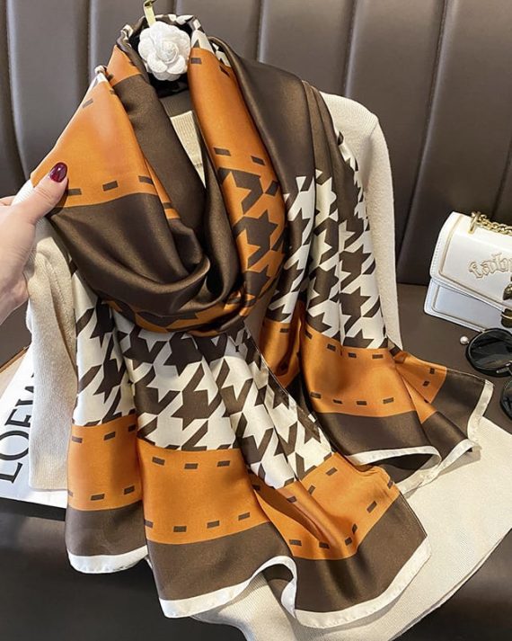 Opulent Rokō Brown Printed Silk Scarf - Drape Pakistan