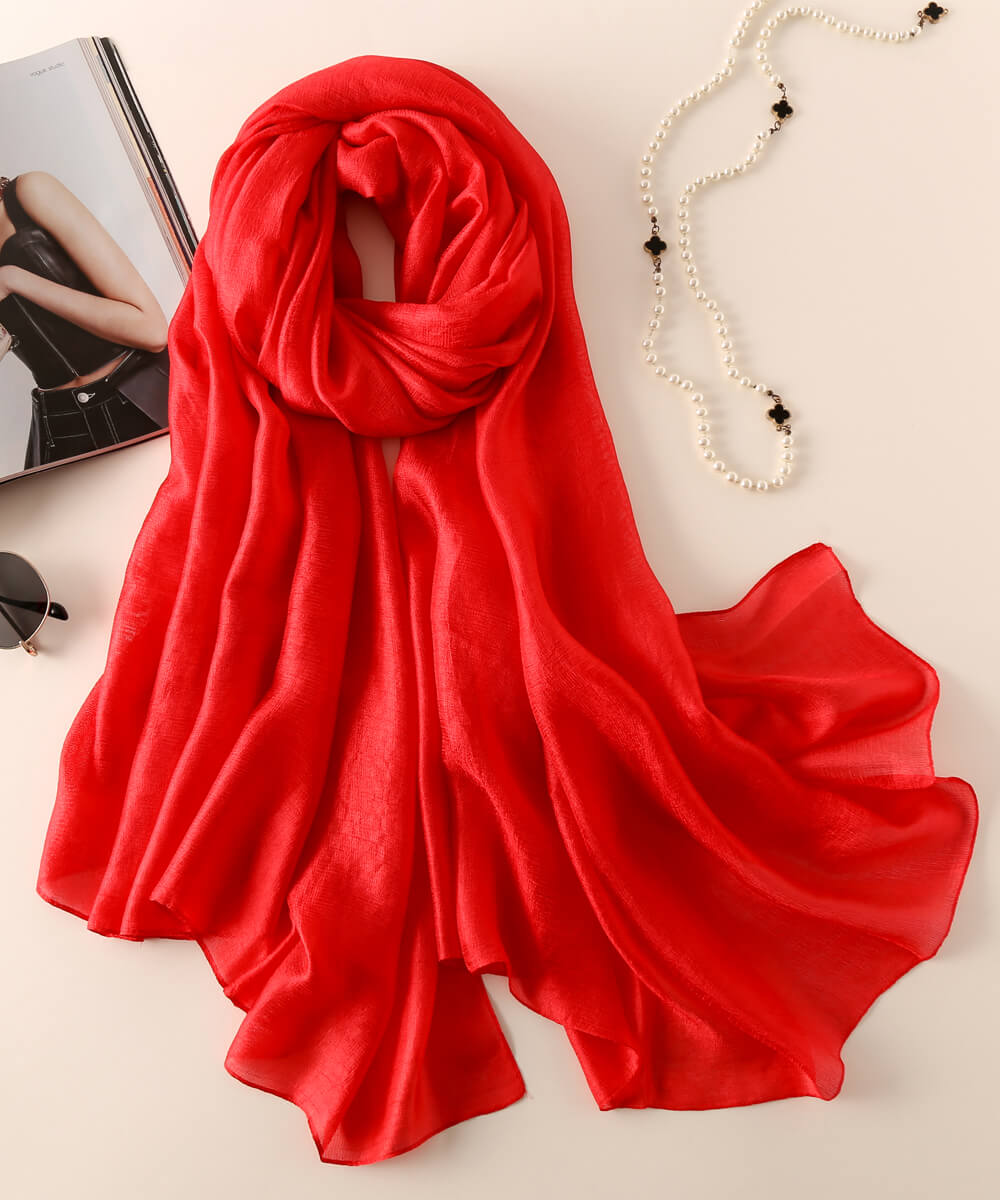 Graceful Rosso Corsa Red Classic Silk Scarf - styled on model