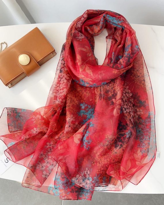 Luxury Ruby Red Printed Chiffon Scarf - Drape Pakistan