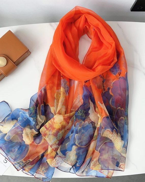 Opulent Rusty Red Petals Printed Chiffon Scarf - Drape Pakistan