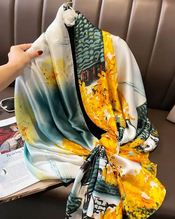 Luxe Satin Sheen Gold Printed Silk Scarf - Drape Pakistan