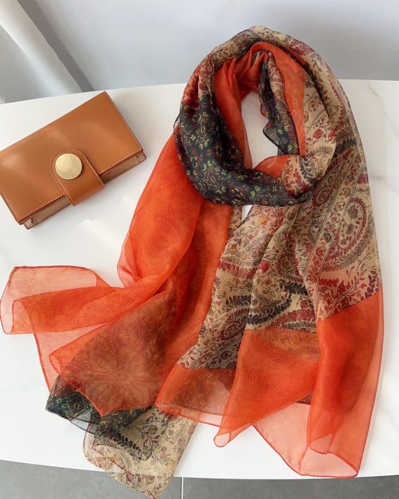 Exquisite Shocking Orange Printed Chiffon Scarf - Drape Pakistan