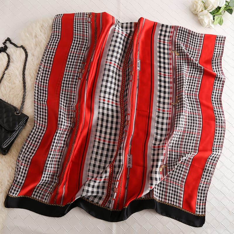 Premium Sinoper Red Printed Silk Scarf - styled on model