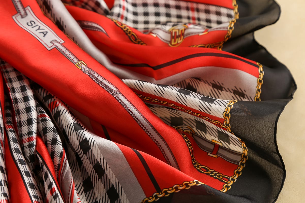 Premium Sinoper Red Printed Silk Scarf - fabric close-up
