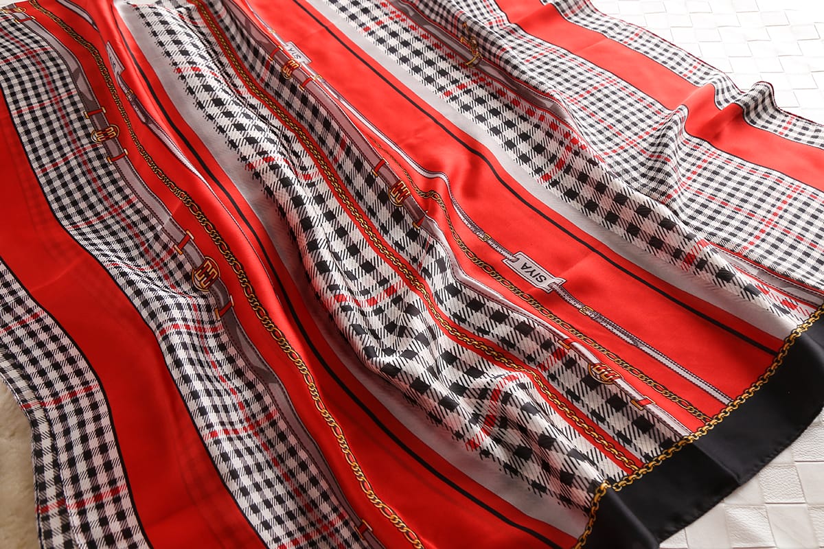 Premium Sinoper Red Printed Silk Scarf - folded detail