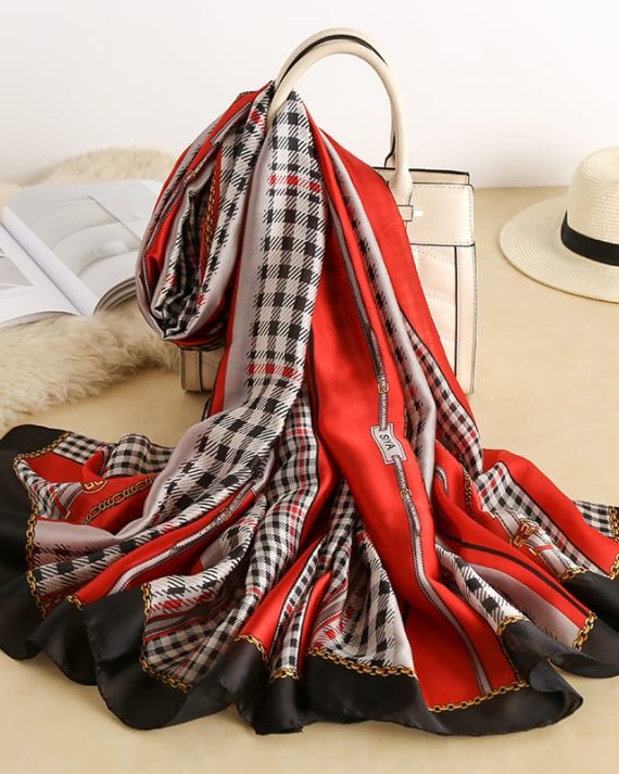 Premium Sinoper Red Printed Silk Scarf - Drape Pakistan