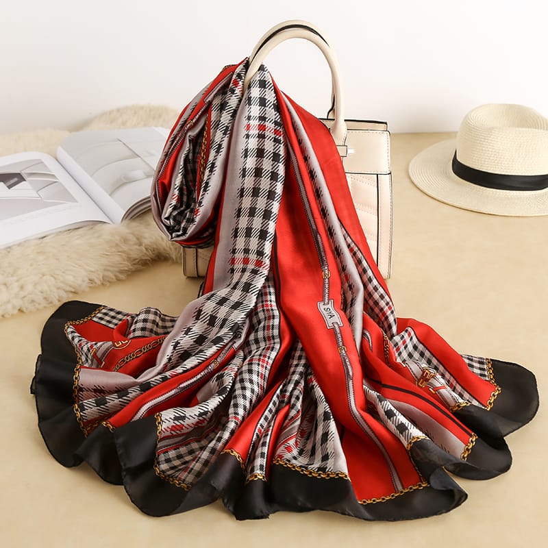 Premium Sinoper Red Printed Silk Scarf - Drape Pakistan