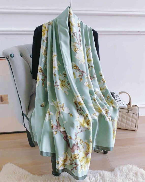 Graceful Spanish Green Printed Silk Scarf - Drape Pakistan