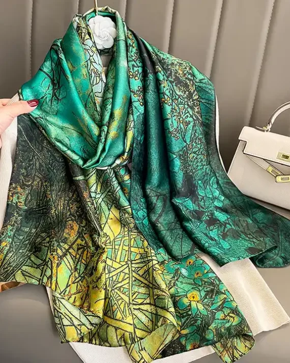 Signature Spruce Parrot Green Printed Silk Scarf - Drape Pakistan