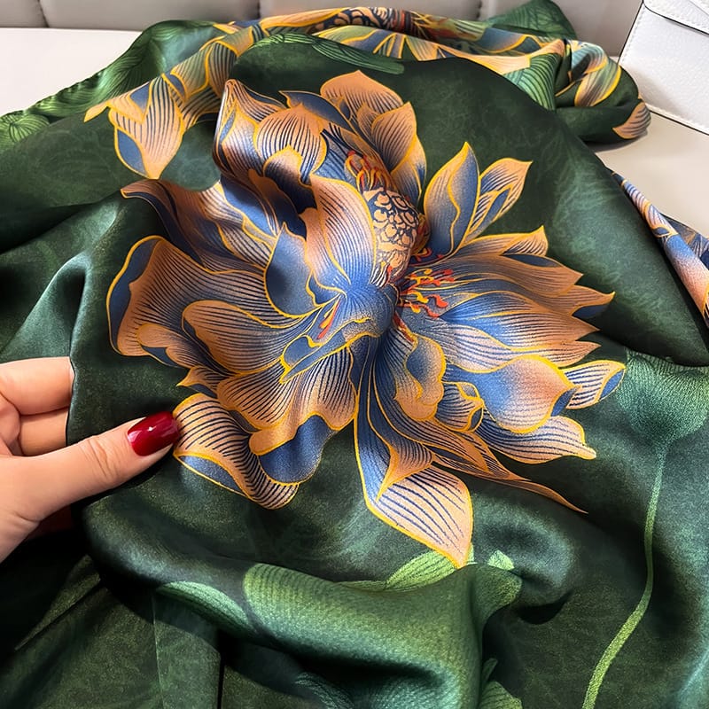 Chic USMC Green Printed Silk Scarf - fabric close-up