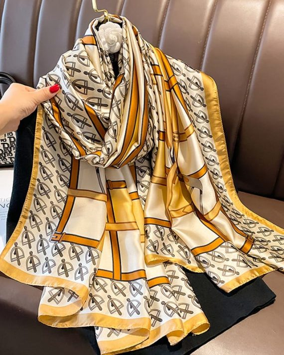 Exquisite Umber Brown Printed Silk Scarf - Drape Pakistan