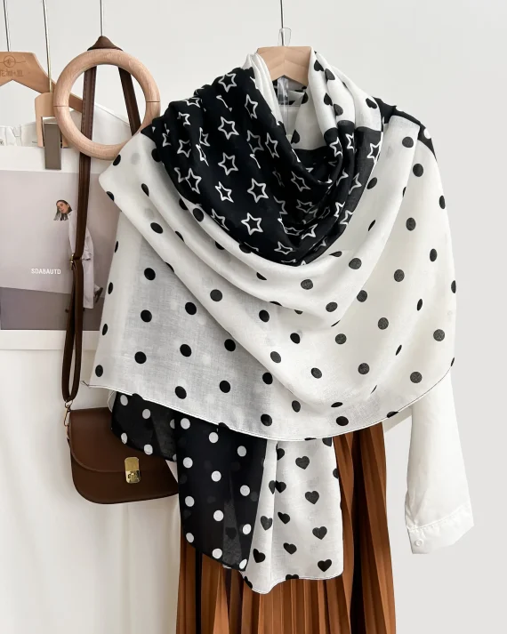 Signature White Dotted Printed Cotton Scarf - Drape Pakistan