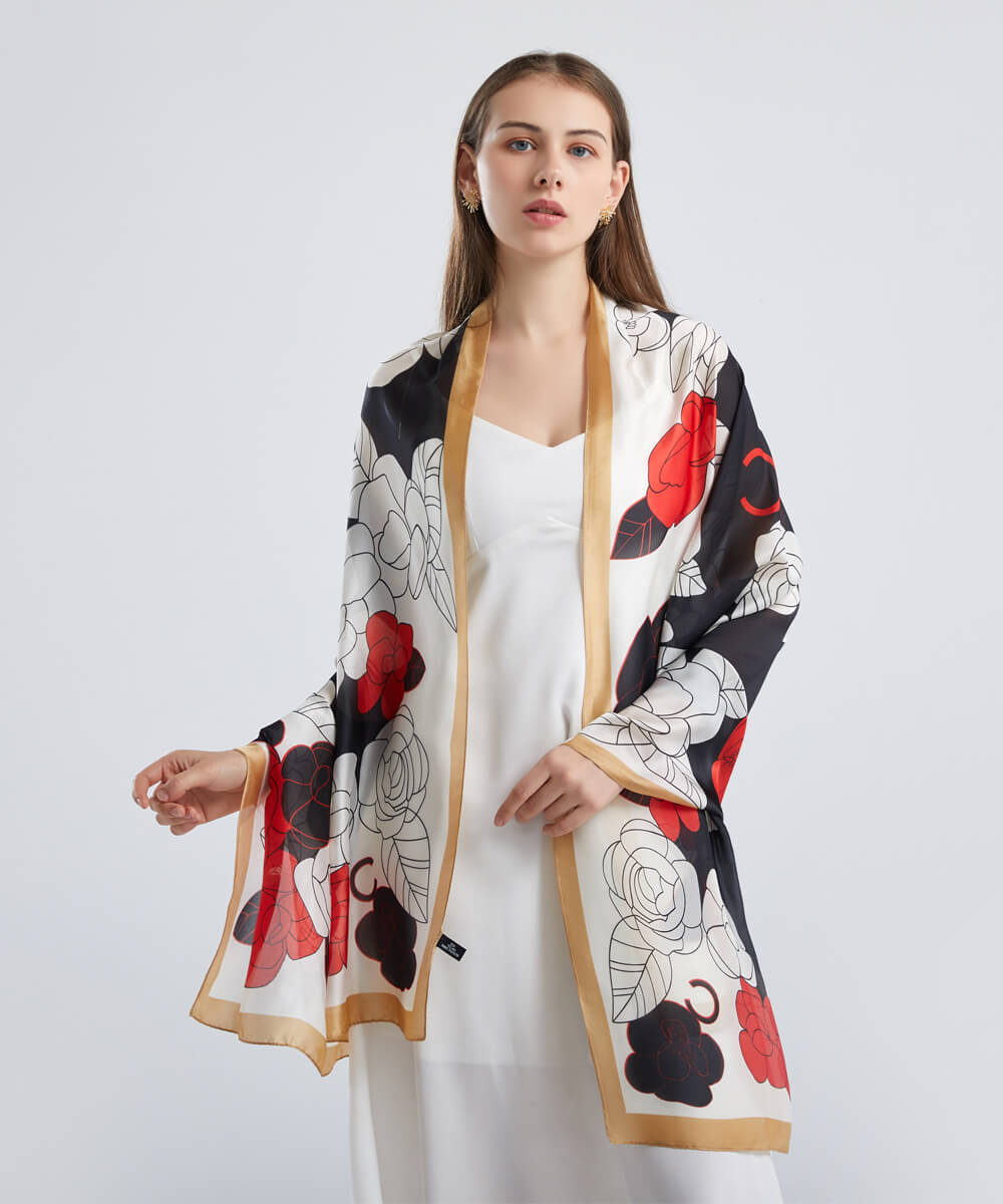 Sophisticated White Smoke Printed Silk Scarf - fabric close-up