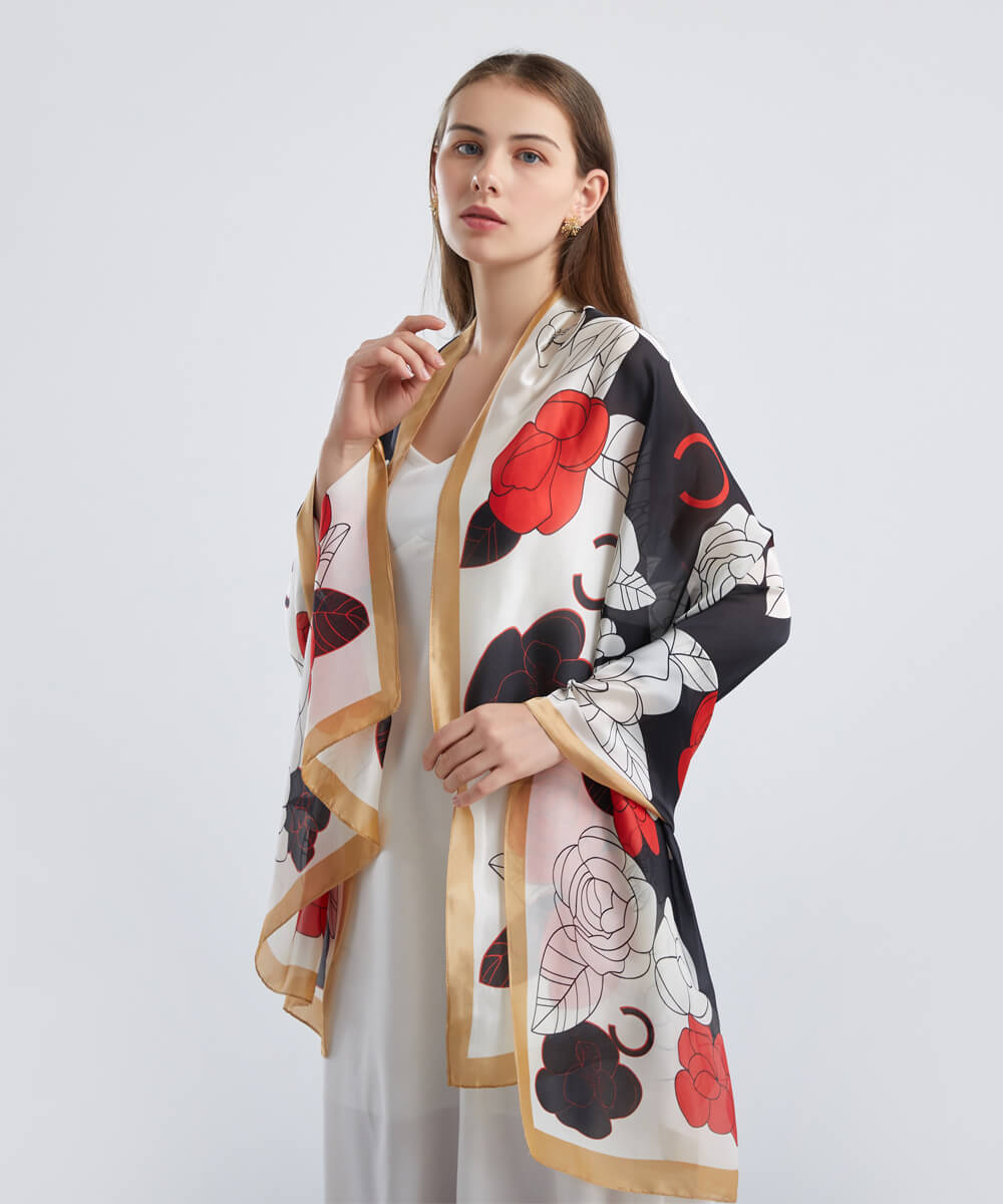 Sophisticated White Smoke Printed Silk Scarf - styled on model
