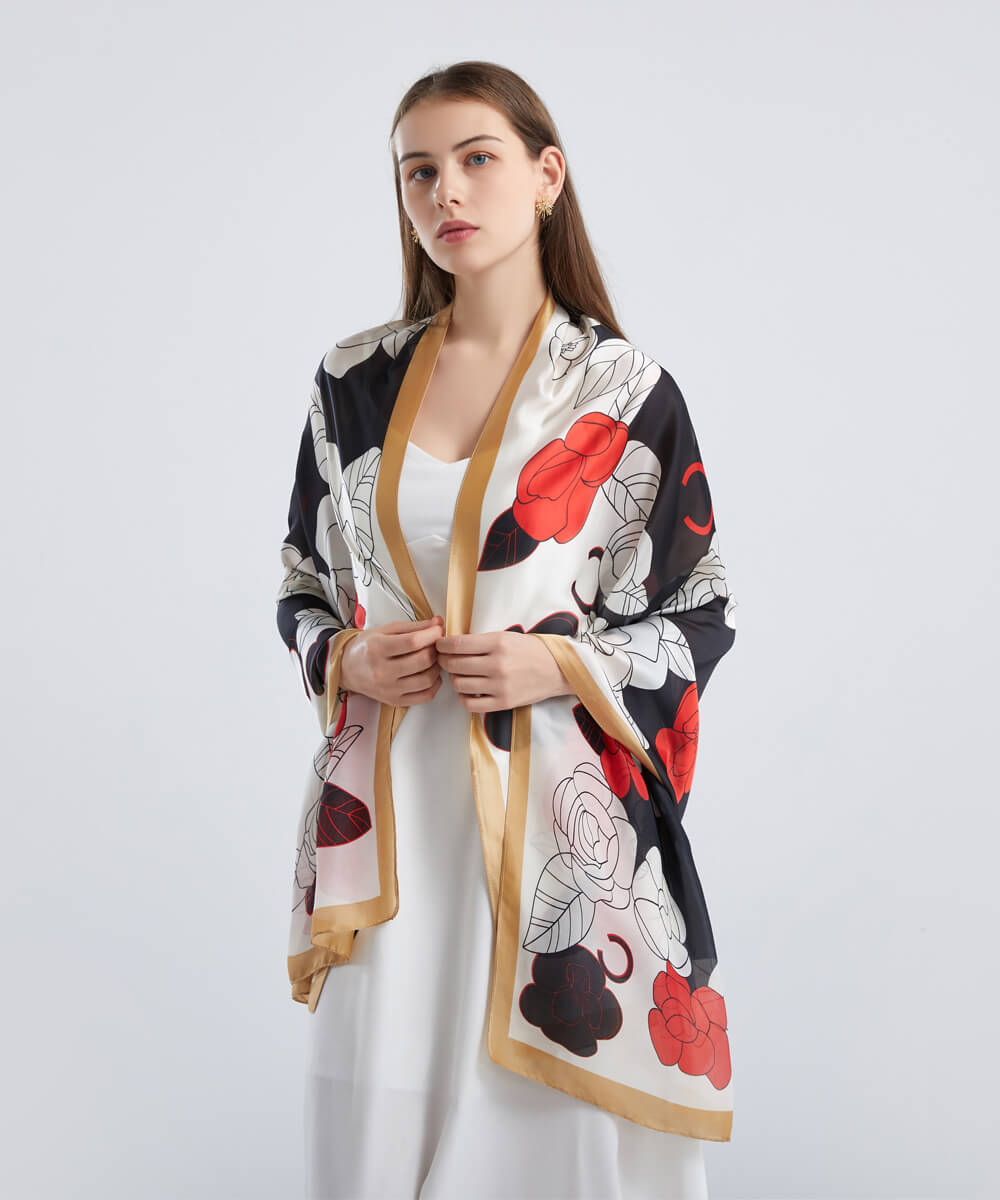 Sophisticated White Smoke Printed Silk Scarf - draped styling