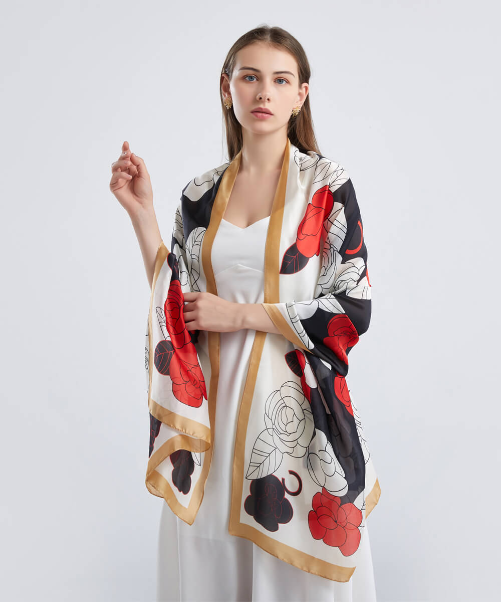 Sophisticated White Smoke Printed Silk Scarf - back view