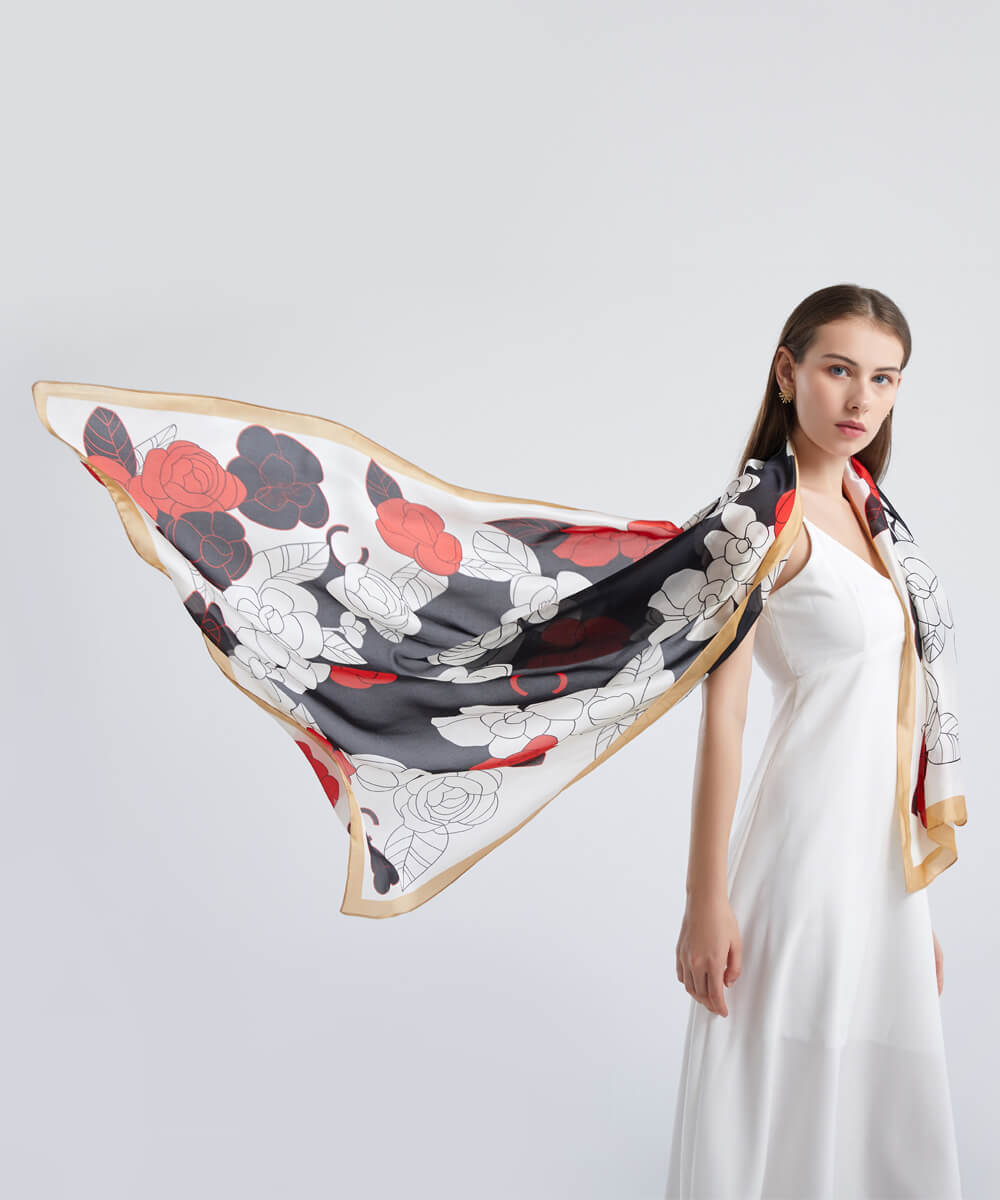 Sophisticated White Smoke Printed Silk Scarf - folded detail