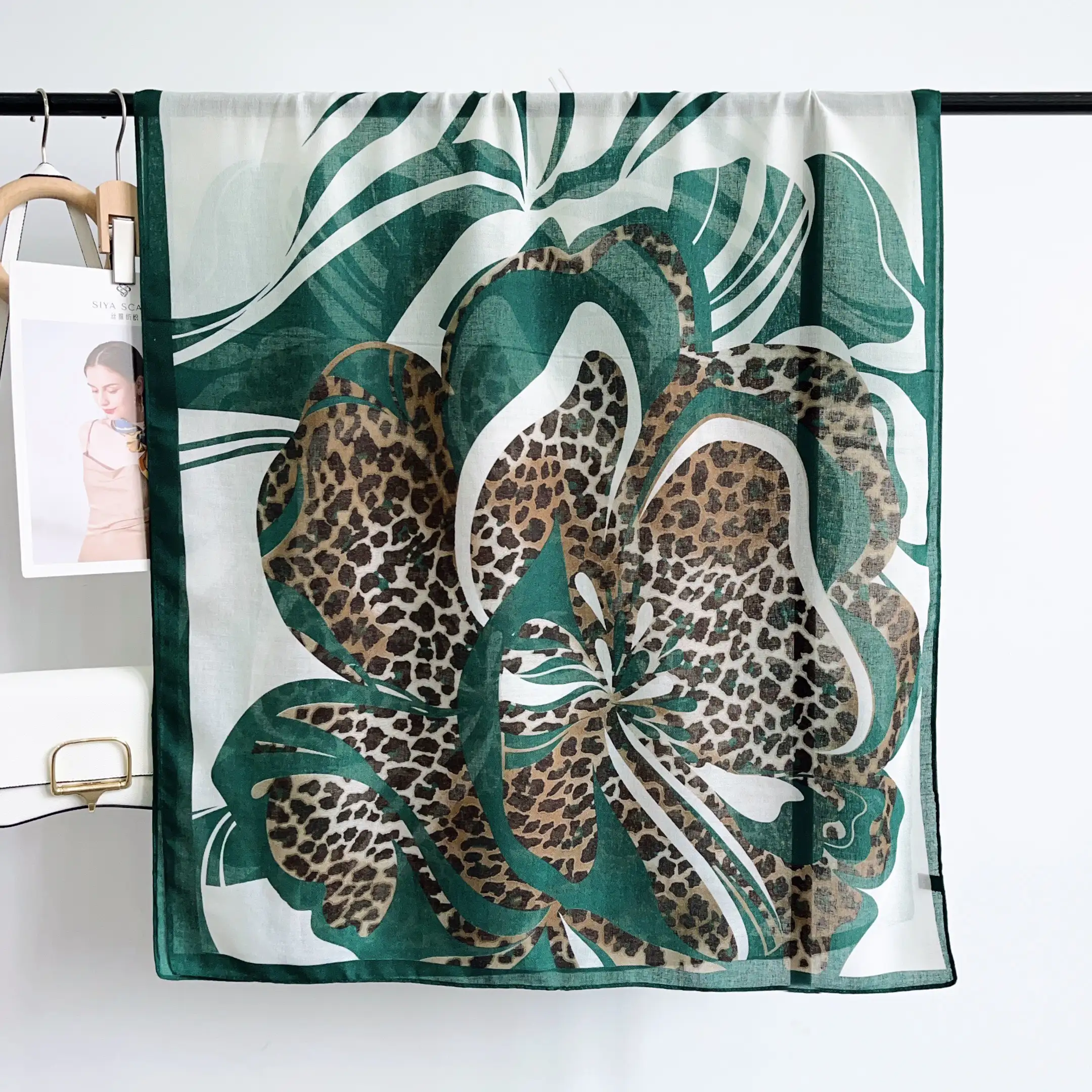 Chic Wild Green Printed Cotton Scarf - styled on model