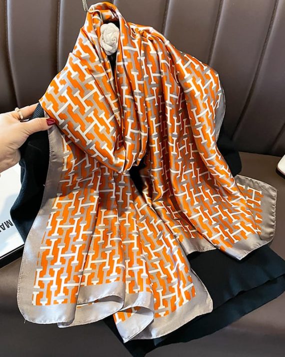 Graceful Willpower Orange Printed Silk Scarf - Drape Pakistan