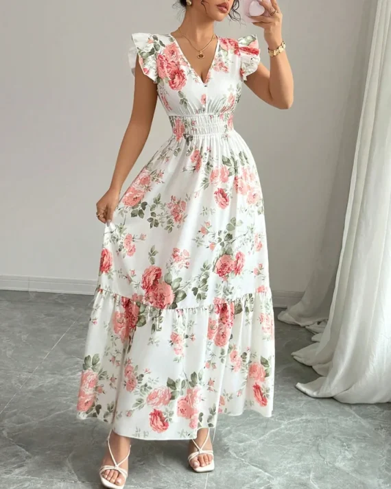 Floral V-Neck Sleeveless Lotus Hem Maxi Dress