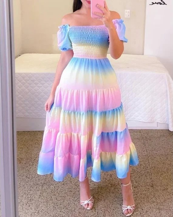 Printed One-Shoulder Short Sleeve Dress