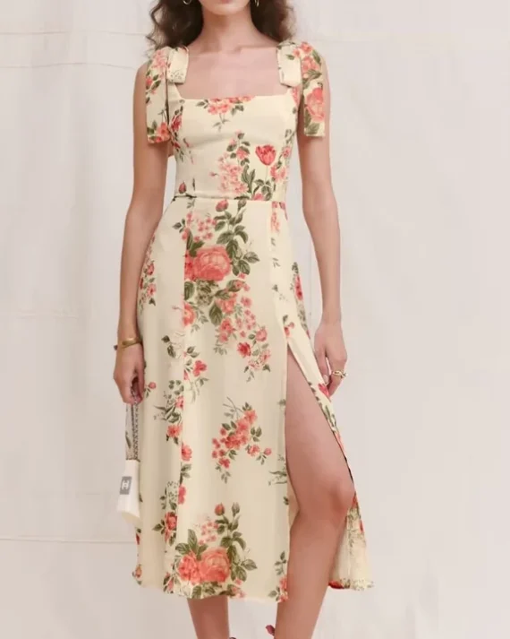 Cream French Floral One-Shoulder Midi Dress