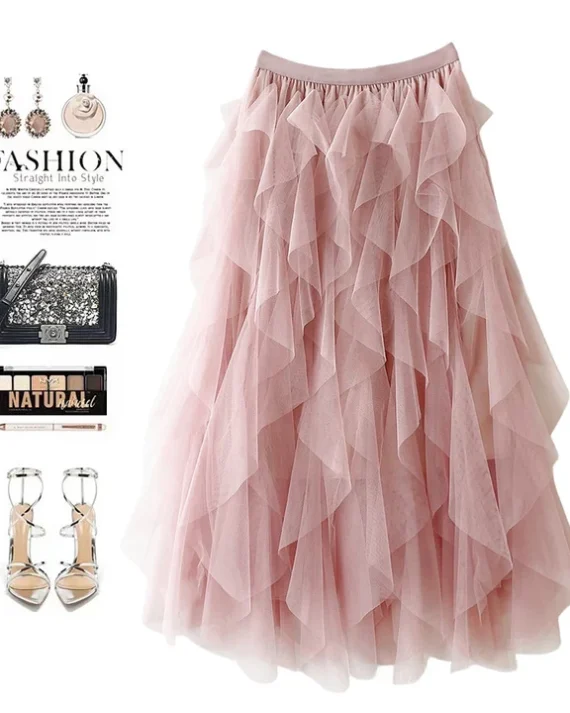 Elegant Layered Mesh Tassel Hem Midi Skirt