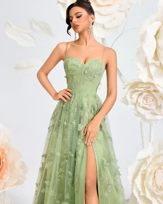 Light Green Butterfly Embroidered Mesh Long Dress