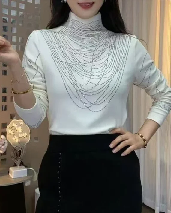 Off-White German Velvet Hot Diamond Half Turtleneck Long Sleeve Top