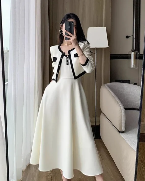 Off-White French Style Two-Piece Jacket & Mini Dress