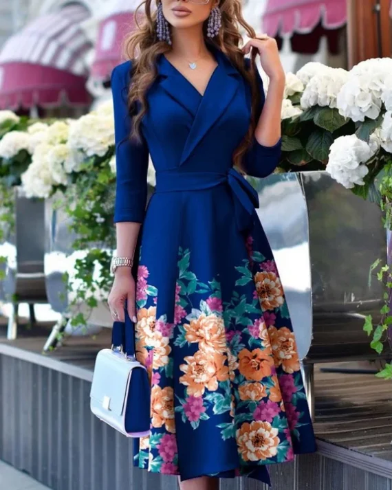 Printed V-Neck Tie Waist Midi Dress