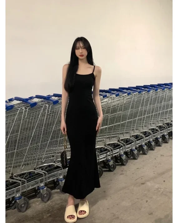 Black One-Shoulder Backless Long Polyester Dress