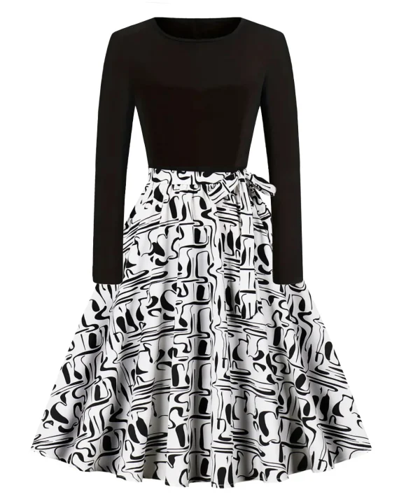 White Retro Printed Long Sleeve Swing Dress